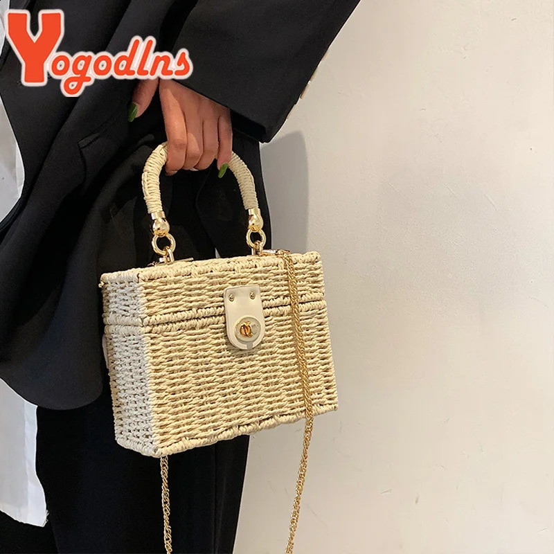 Yogodlns Summer Straw Bag Women Handmade Rattan Box Shoulder Bag Travel Vacation Beach Bag High Quality Square Bag Purse Bolsa 250304