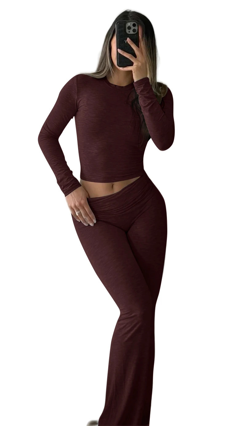 Casual Workout Two Piece Outfits Long Sleeve High Waist Fold-over Flare Flared Leggings Pants Tracksuit Sets Streetwear 250304