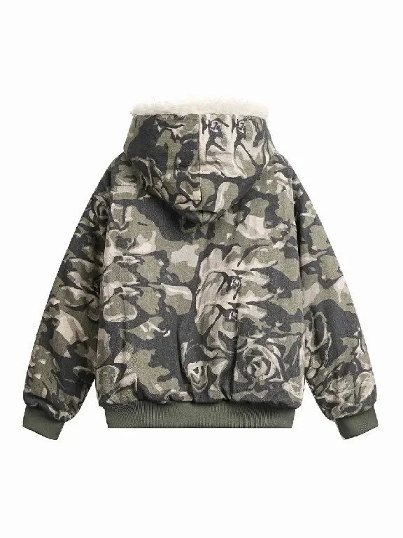 Retro Camouflage Plush Warm Zip Up Hoodie Y2K Jacket Mens Womens Gothic Retro Leaf Camouflage Oversized Hoodie Sweatshirt Jacket 250304