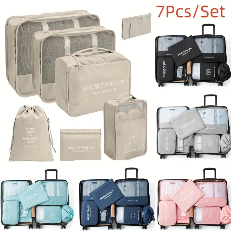 Ship from US 7 Pcs Set Travel Luggage Packing Cubes Clothes Organizers With Toiletry Bag Clothing Classification Shoes 250305FBB