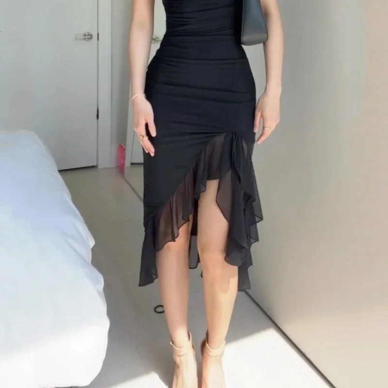 Wefad Maxi Dress Summer Elegant Solid Sleeveless Nipped Waist Slim Backless Ruffled Irregular Party Dresses Streetwear 250304