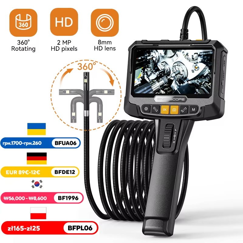 360 degrees Steering Industrial Endoscope Camera 8mm 5inch IPS Screen Single&Dual Lens Inspection Borescope 1080P For Car Engine Pip