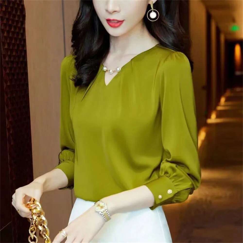 2024 New Office Lady Women's Clothing Korean Elegant Fashion Chiffon Solid Blouses V-Neck White Tops T-Shirt For Women Fashion