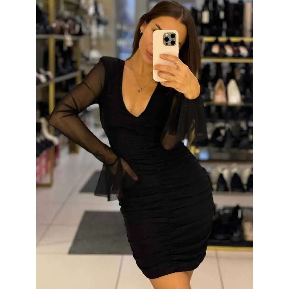 Sexy BKQU V-neck Ruched Mini Bodycon Women's Summer Mesh Patchwork Long Flare Sleeve Elegant Night Club Short Dress 2025