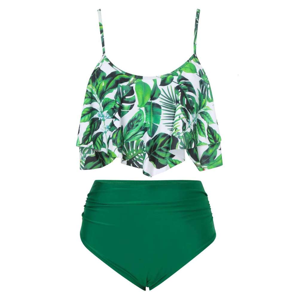 Waist High Double Shoulder Strap Swimsuit Ruffle Print Two Piece Bathing Suit Sexy Women Bikini Set Km-Ly