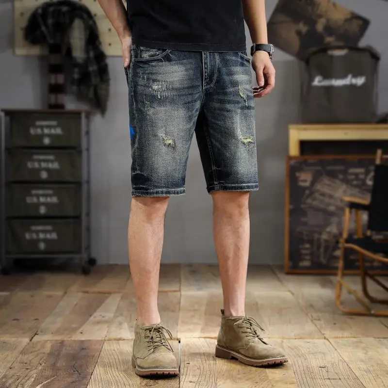 New American washed printed denim shorts mens trend handsome scraping summer Slim straight five pantsT250305