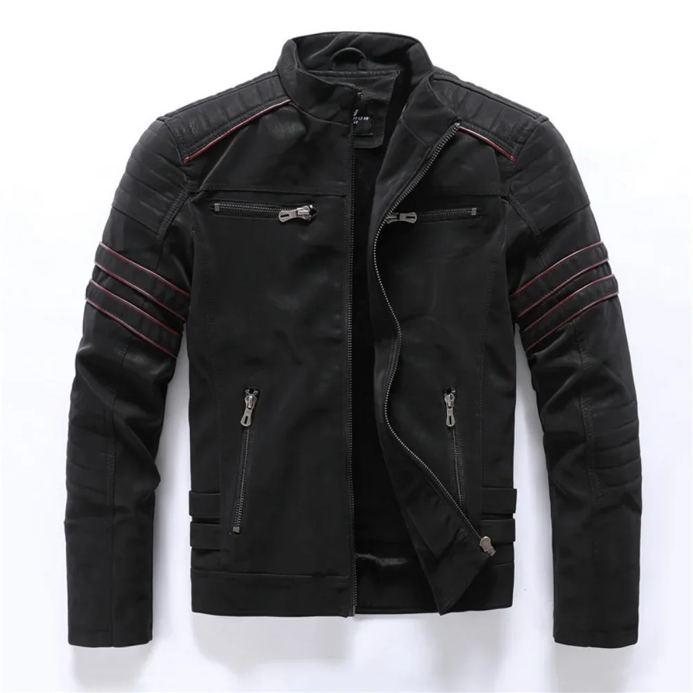Winter PU Leather Jacket Retro Warm Multi Pocket Mens Zipper Hiphop Street Clothing Coat Men 250225