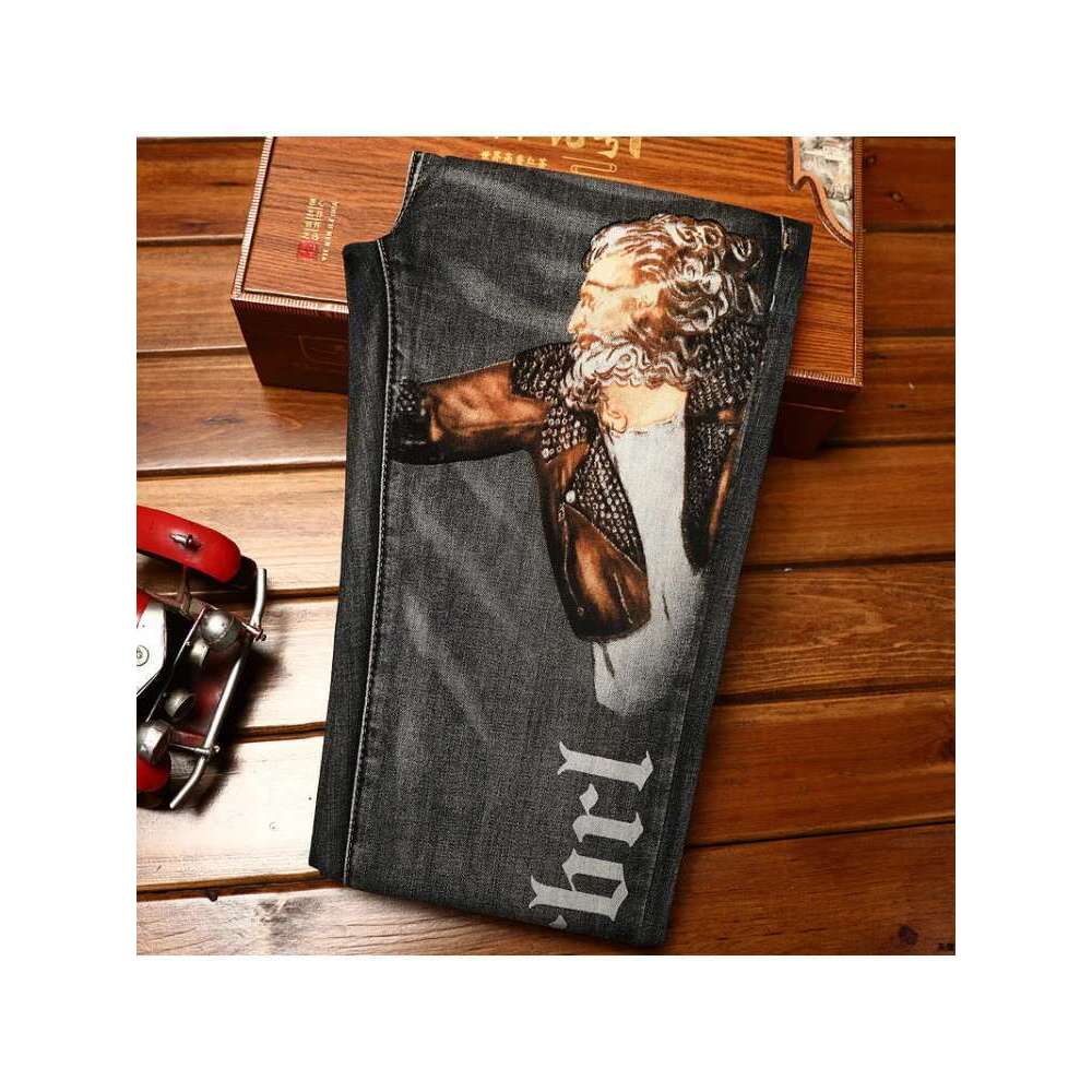 Trendy Printed Jeans For Men's Autumn 2025 Elastic Slim Fit Small Feet Casual Washed Denim Light Pants