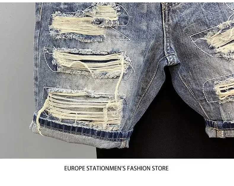 Summer Mens Brand Side Denim Shorts Scraped Torn 5 Points Men Loose Elastic Waist Jeans PantsT250305