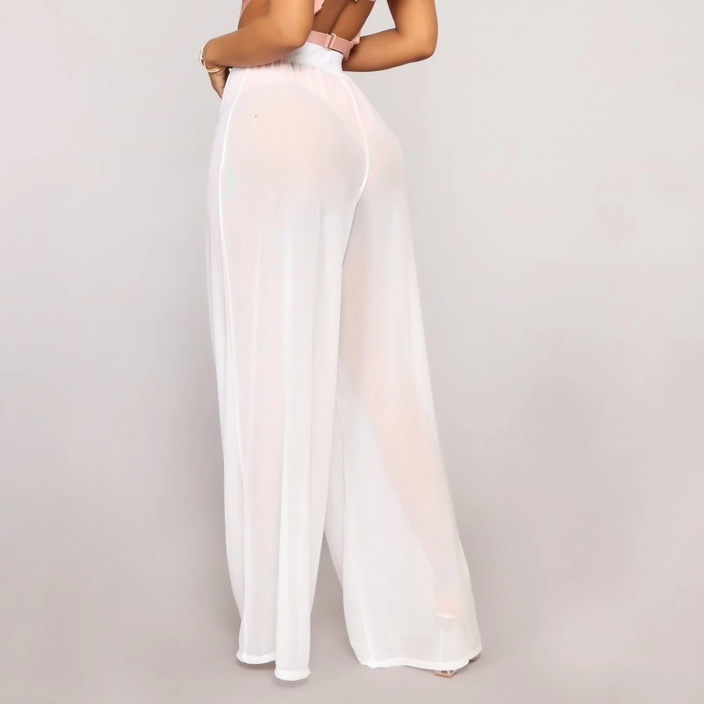 Women See Through Boho Wide Leg High Waist Trousers Beach Long Loose Mesh Sheer Pants 250304