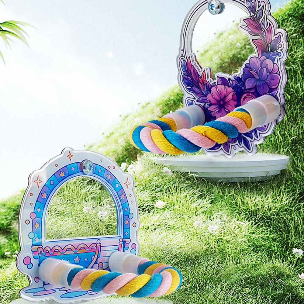 Wood Bird Perch Mirror Toy Hanging Fun Birdcage Mirror Toy Removable Colorful Cage Vanity Toy For Finch Canary Cockatiels