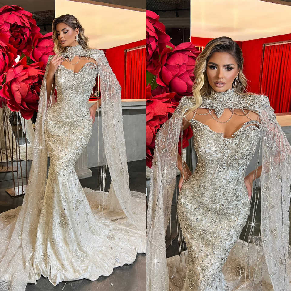 Exquisite Mermaid Wedding Dress High Collar Long Sleeves Bridal Gowns Appliques Crystal Sweep Train Dresses Custom Made vestidos de novia