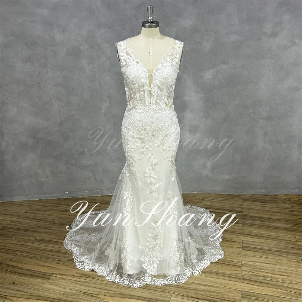 Yunshang Wedding Dres Mermaid Open Back VNeck Lace Spaghetti Strap Bridal Gown Dresses Customized Woman 250304
