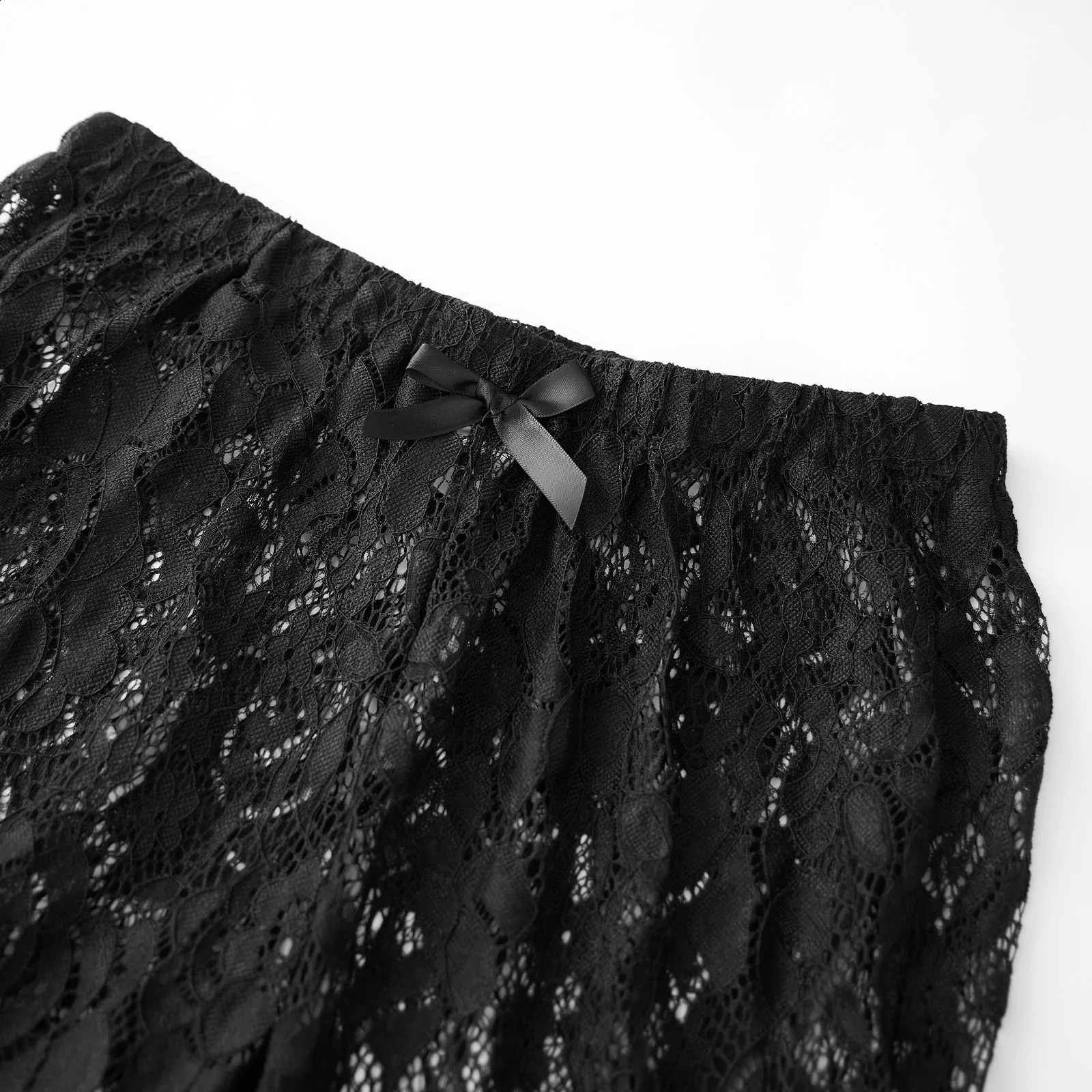 Combhasaki Womens Y2K Vintage Floral Lace See-through Ruffled Layered Leggings Sheer Mesh Elastic Waist Knee Length Pants 250304