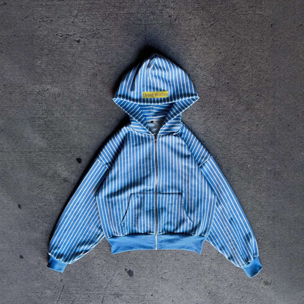 Daily casual commuting shirt striped blue and white paired with unisex letter embroidery versatile hooded sweatshirt