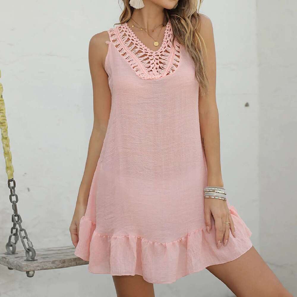 Out Hollow Crochet Tank Beach Dresses Women Holiday Casual Tunic Bikini Cover Ups Swimwear Beachwear 2024 New Mini Dress Km-Ly