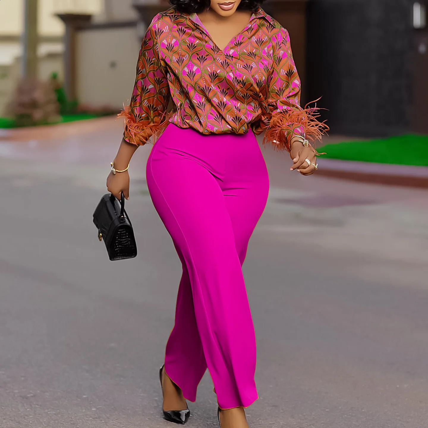 Autumn Winter Fashion Printed Two Piece Set African Women Office Ladies Satin Shirt Wide Leg Pants 250305