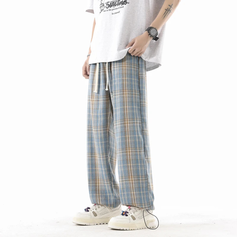 Korean casual pants mens brushed straight wide leg flat Trouser high street grid fashion retro Y2K springsummer 250304