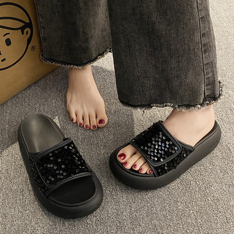 Summer 2025 Women's Black Beaded Open toed Thick Bottom Sandals Fashion New EVA Anti slip Soft Bottom Designer Trendy Casual Sandals