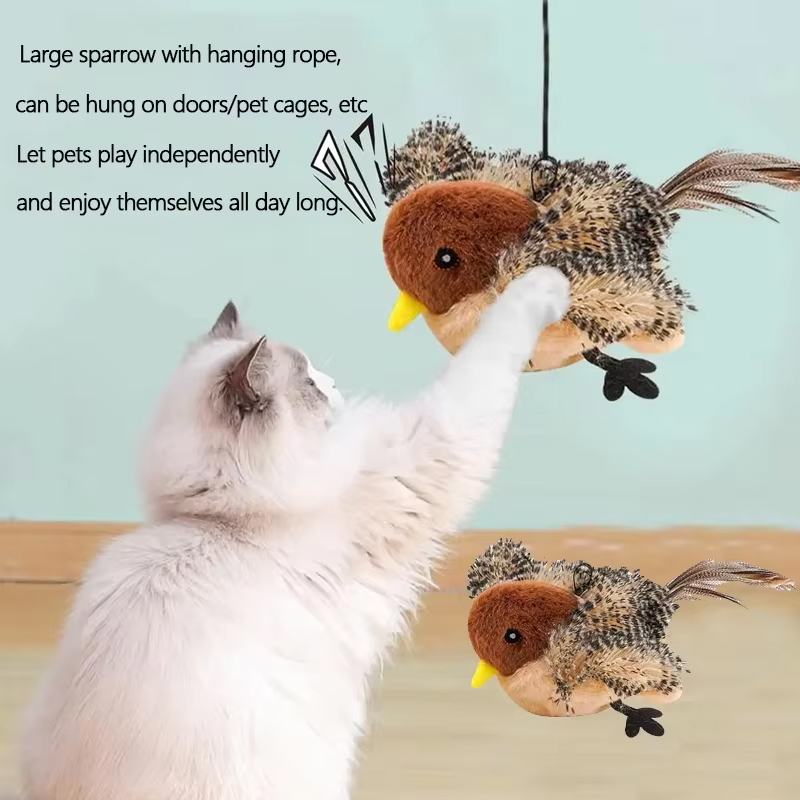 Interactive Cat Toys Rechargeable Electric Flapping Wings Bird Cat Toy Sound Chirping Bird Catnip Touch Activated Plush Toy