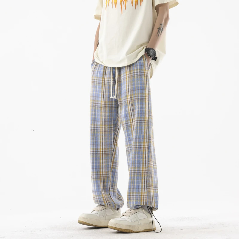 Korean casual pants mens brushed straight wide leg flat Trouser high street grid fashion retro Y2K springsummer 250304