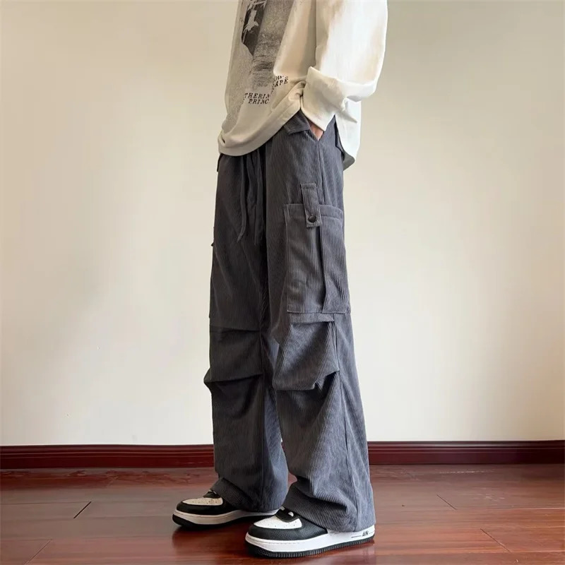 2024 Corduroy Cargo Pants Men Y2K Vintage Baggy Wideleg Trousers Straight Casual High Street Army Green Mens 250304