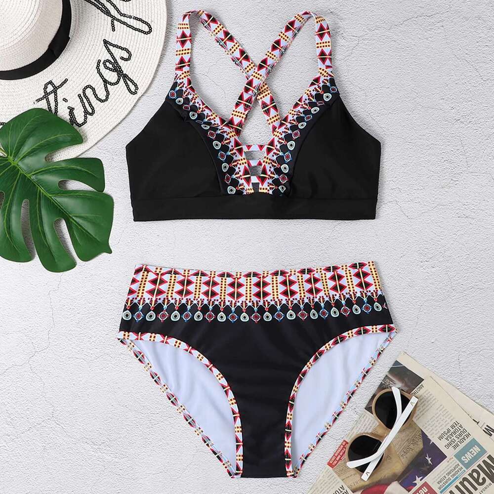 Fashion Summer Sexy Retro Pattern Printed Women's Hanging Neck Bikini Vacation Leisure Swimsuit S-5Xl Km-Ly