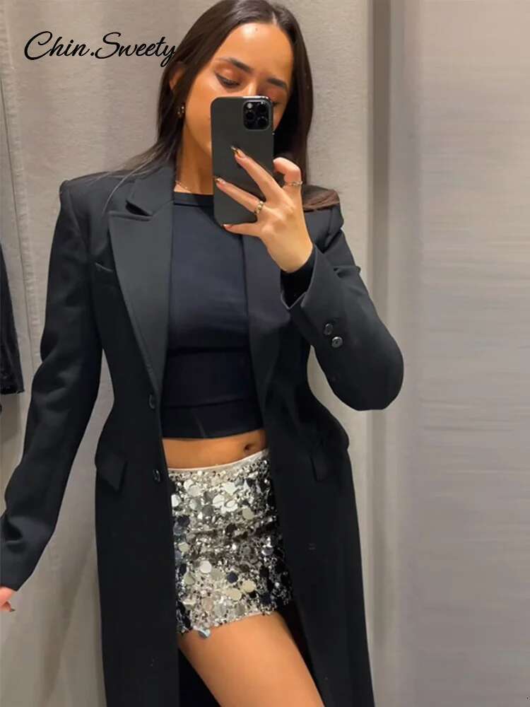 Vintage Lapel Black Long Overcoat Women Slim High Waist Full Sleeve Single Breasted Shoulder Pad Coat New Spring Commute Outwear