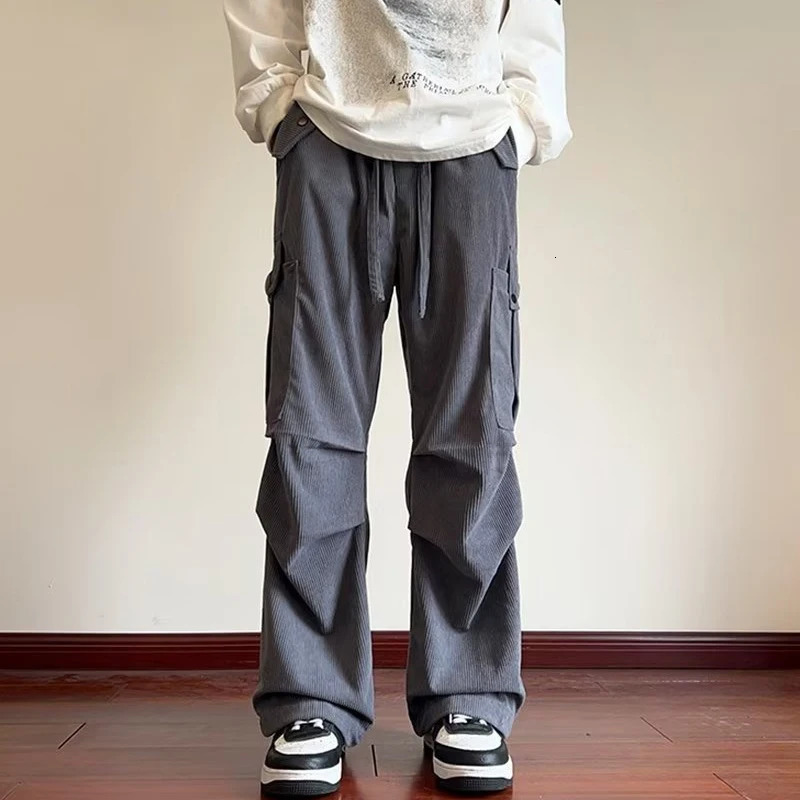 2024 Corduroy Cargo Pants Men Y2K Vintage Baggy Wideleg Trousers Straight Casual High Street Army Green Mens 250304
