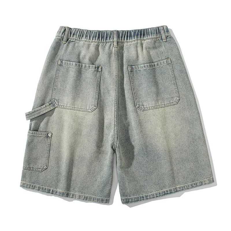 Summer High Street Straight Denim Shorts for Men Retro Loose Casual Short Jeans Mens Street Wear Elastic Waist Cargo ShortsT250305