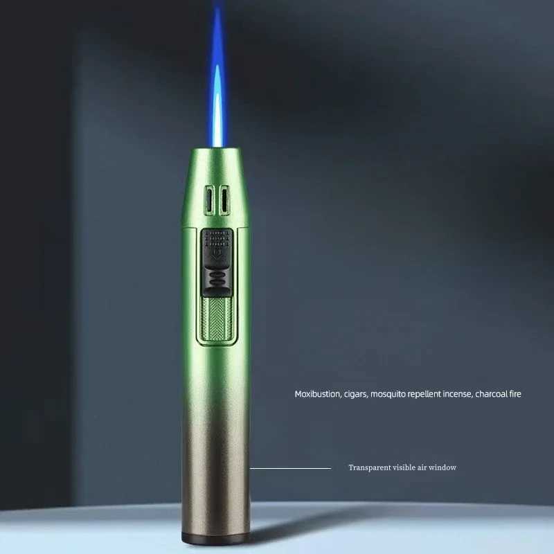 New Pen Metal Lighter Mini Spray Gun Inflatable Windproof Butane Gas Lighter Adjustable Straight Shot Blue Flame Cigarette ToolsT250305