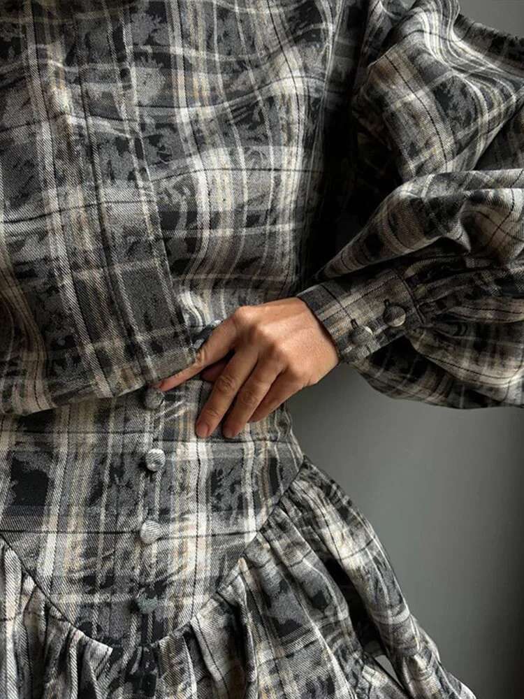 Pleat Ruffle Hem Women Skirt 2 Piece Set Single Breasted Full Lantern Sleeve Shirt A-E Skirts Vintage High Waist Lady Outfits
