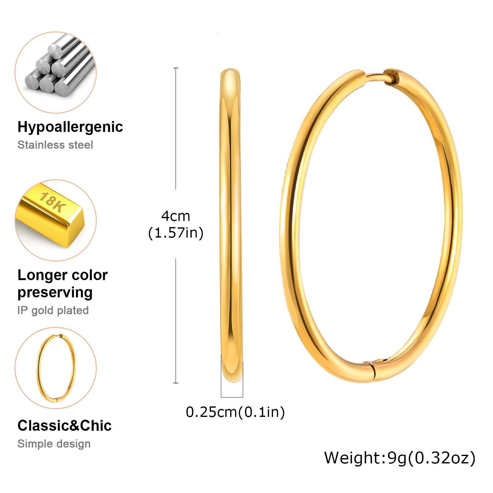 Vnox 20mm/25mm/30mm/40mm Hoop Earrings For Women Girls,Stainless Steel Hoops Pendent 1 Pair Earrings,Fashion Jewelry Gift To Her