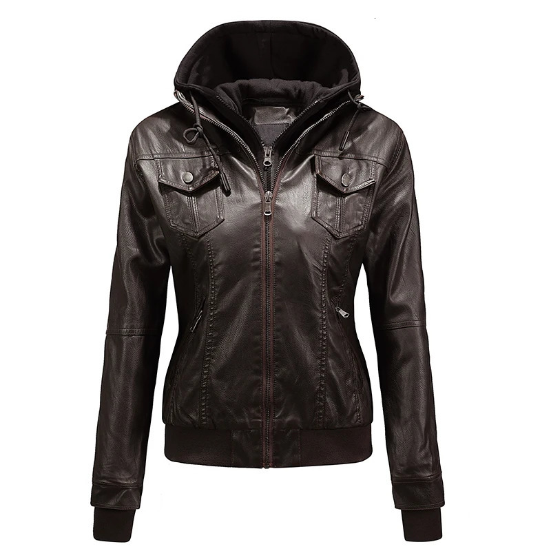 2024 Womens Motorcycle Leather PU Hooded Washed Jacket Coat Zipper Vintage Lapel 250225