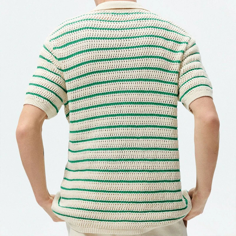 Mens Polo Shirt Light Knitted Clothing Vintage Striped Short Sleeve Fashion Leisure Hollow Out Knitwear M-3XL 250304