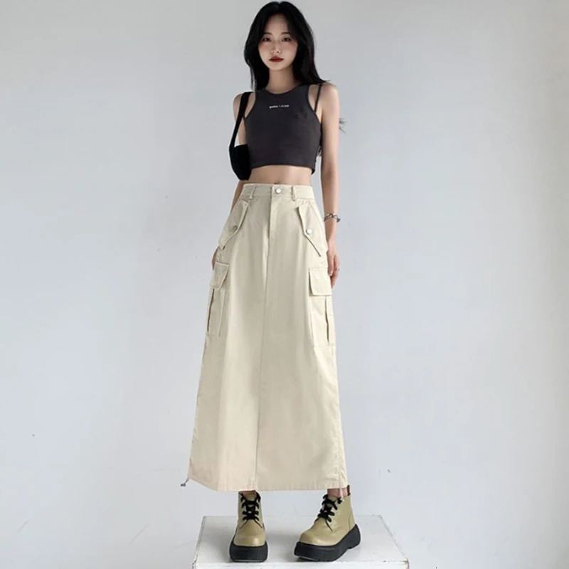 American Retro Cargo Skirt for Women Summer Drawstring High Waist Mid-length Skirt Woman Y2k Streetwear Pocket Skirts 250228