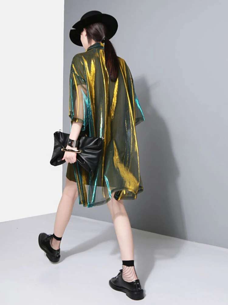 Women Green Shine Perspective Blouse New Lapel Three-Quarter Sleeve Loose Fit Shirt Fashion Tide Spring Summer