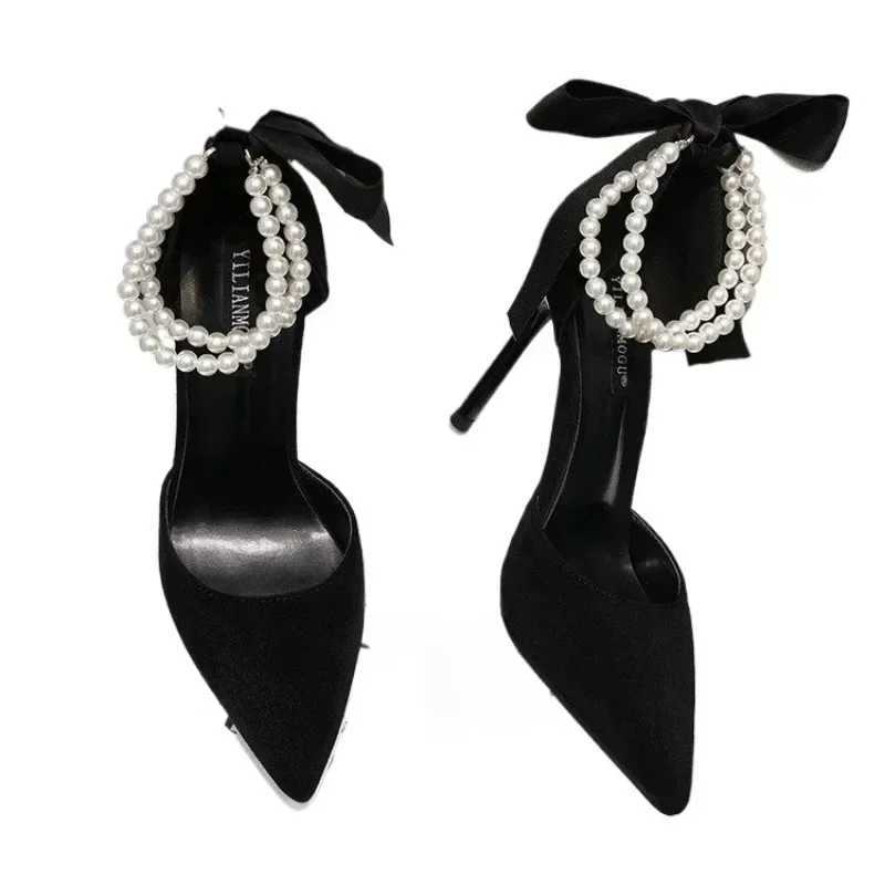 Wen 2023 Brand Spring Wens Pumps Pointed Toe Solid Wood Beads Butterfly Knot Buckle Shallow Mouth Novel High H Y250304