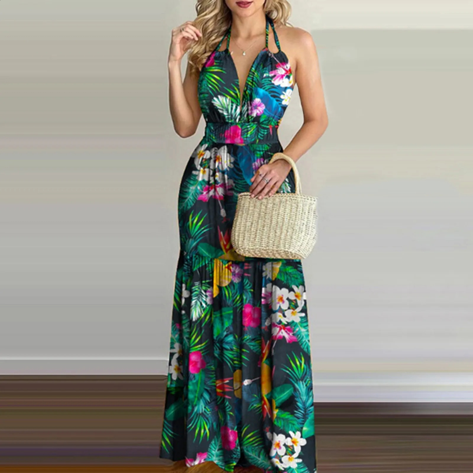 Womens Tropical Print Halter Backless Maxi Dress Sexy Sleeveless Deeep V Beach Chic Elegant Ruffles Pleated Dresses 250305