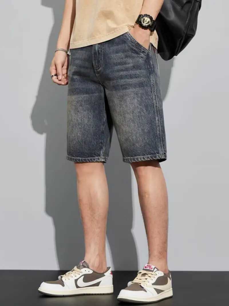 Summer denim shorts mens thin pants casual shorts loose straight mens washed jeans.T250305