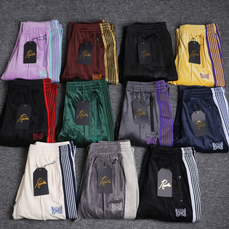 Men's Pants Men Women 1:1 Clothing Purple Striped Webbing Grey Embroidery Butterfly Track AWGE Trousers Needles Elastic Waist