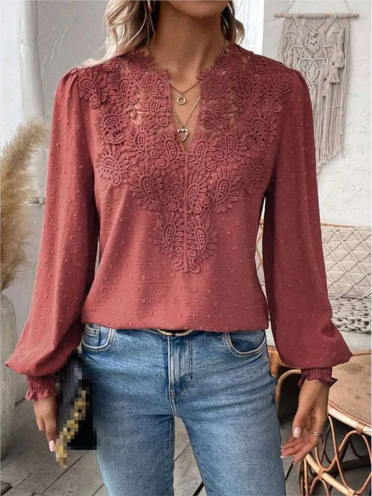 2024 Autumn New Sexy V-Neck Fashionable Lace Patchwork Solid Color Long Sleeved Shirt Women's Clothing