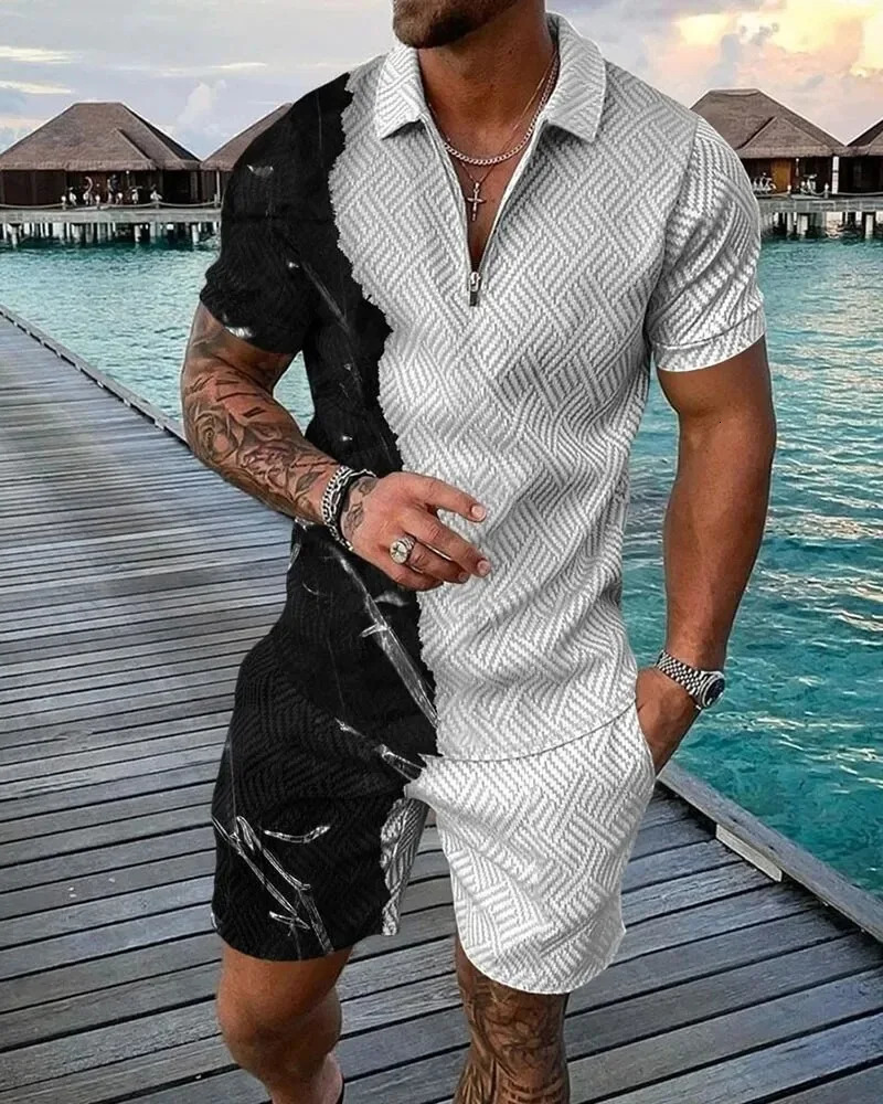 Summer 3D Print Mens Tracksuit Set Casual Zipper Polo Shirt Shorts 2pcs Sets Fashion Boho Geometric Style Men Holiday Clothing 250304