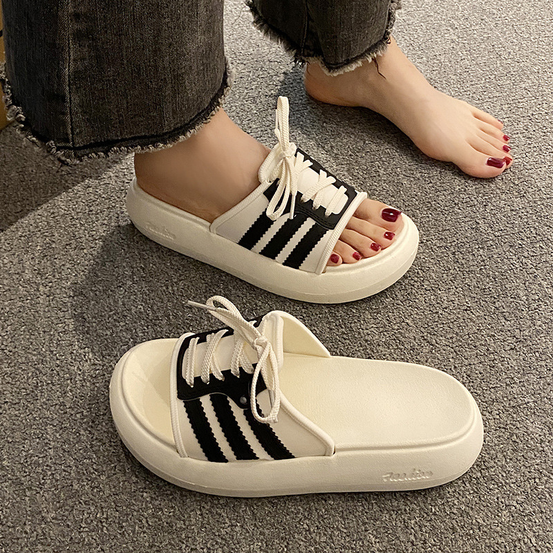 Summer 2025 Women's Black Beaded Open toed Thick Bottom Sandals Fashion New EVA Anti slip Soft Bottom Designer Trendy Casual Sandals