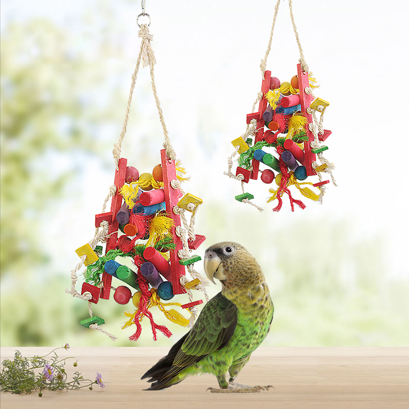 Colorful Hanging Wooden With Sisal Bird Toys Macaw Cockatoo Cockatiel Conure Handmade Toy Plant Fibre Parrot Bite-resistant Toy