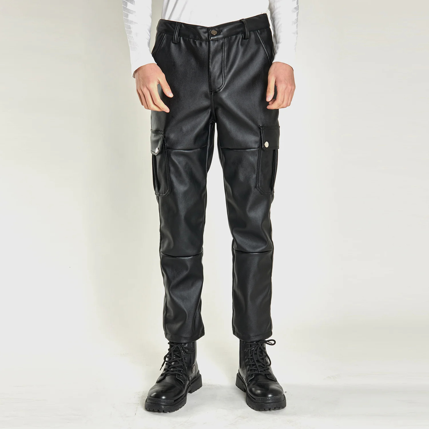 2214 Spring Autumn Camouflage Cargo Leather Pants Men Pockets Pencil Harem PU Plus Size Streetwear Faux Trousers 250304