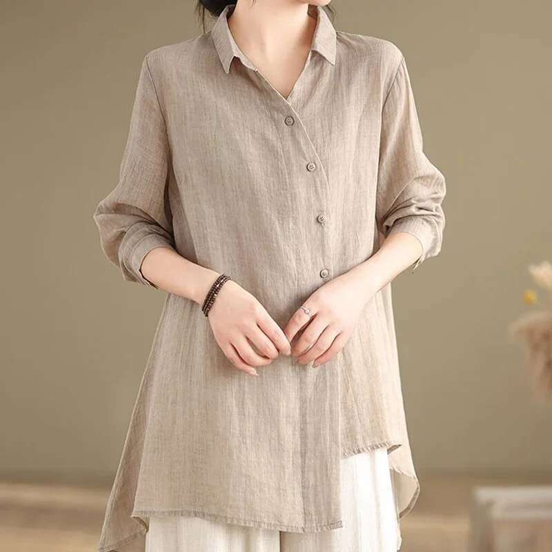 Cotton En Mid Length Shirt Spring Autumn New Artistic Style Casual Loose Slimming Temperament Tops Trendy Clothes For Women
