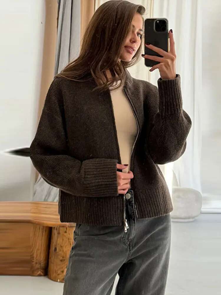 Vintage Knit Zipper Cardigan For Women Solid Color Loose O Neck Long Sleeve Sweater Female Spring Autumn All-Matching Knitwear