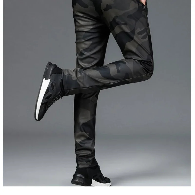 Leather pants mens winter elastic waist high casual weight loss waterproof windproof military leather cargo 250304
