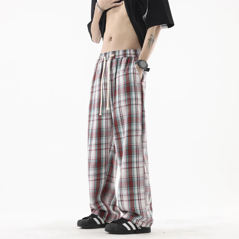 Korean casual pants mens brushed straight wide leg flat Trouser high street grid fashion retro Y2K springsummer 250304